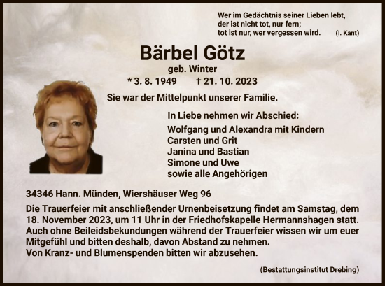 Todesanzeige von Bärbel Götz von HNA