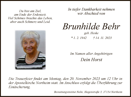 Todesanzeige von Brunhilde Behr von HNA