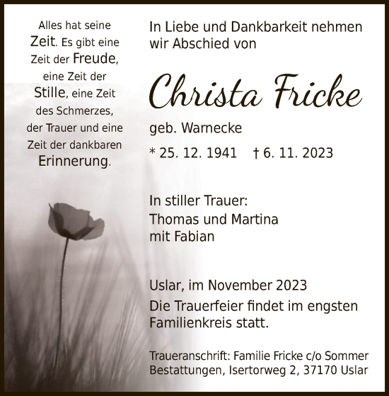 Todesanzeige von Christa Fricke von HNA