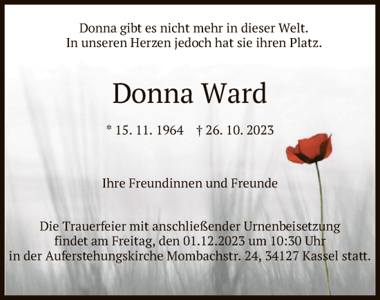Todesanzeige von Donna Ward von HNAWLZ