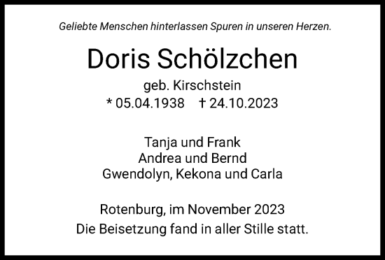 Todesanzeige von Doris Schölzchen von HNA