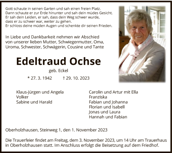 Todesanzeige von Edeltraud Ochse von HNA