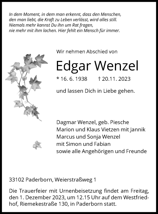 Todesanzeige von Edgar Wenzel von HNA
