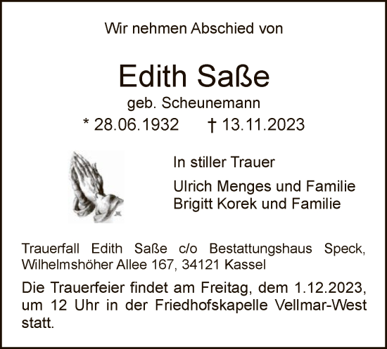 Todesanzeige von Edith Saße von HNA