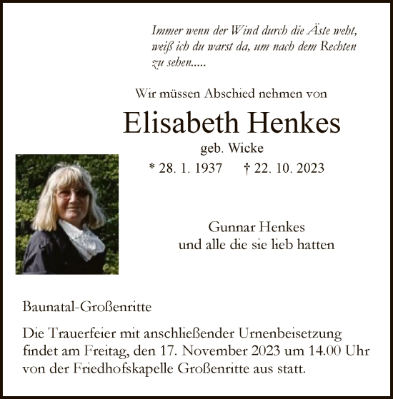 Todesanzeige von Elisabeth Henkes von HNA