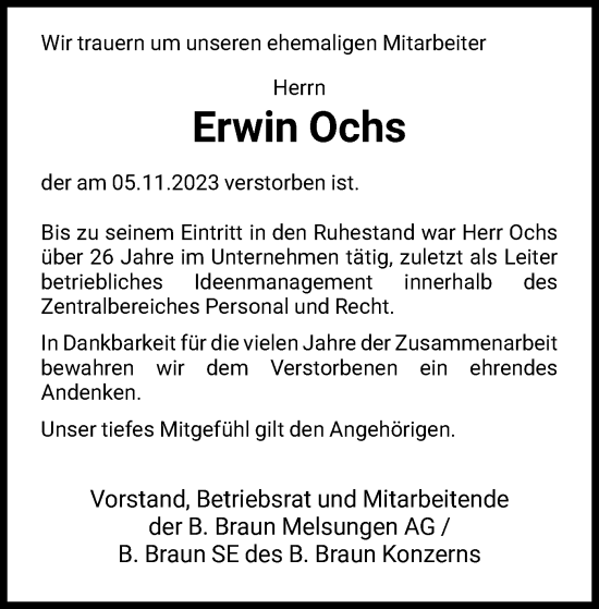 Todesanzeige von Erwin Ochs von HNAHNA