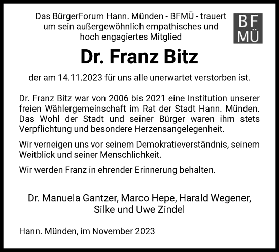 Todesanzeige von Franz Bitz von HNA