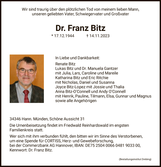 Todesanzeige von Franz Bitz von HNA