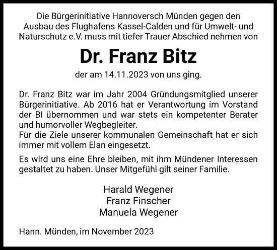 Todesanzeige von Franz Bitz von HNA