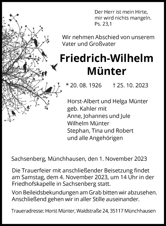 Todesanzeige von Friedrich-Wilhelm Münter von HNAWLZ