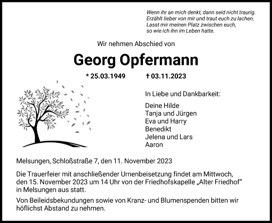 Todesanzeige von Georg Opfermann von HNA
