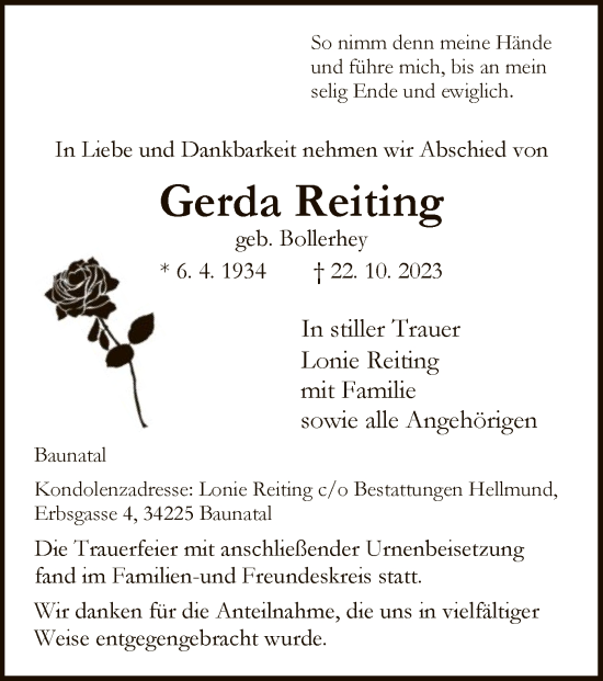 Todesanzeige von Gerda Reiting von HNA