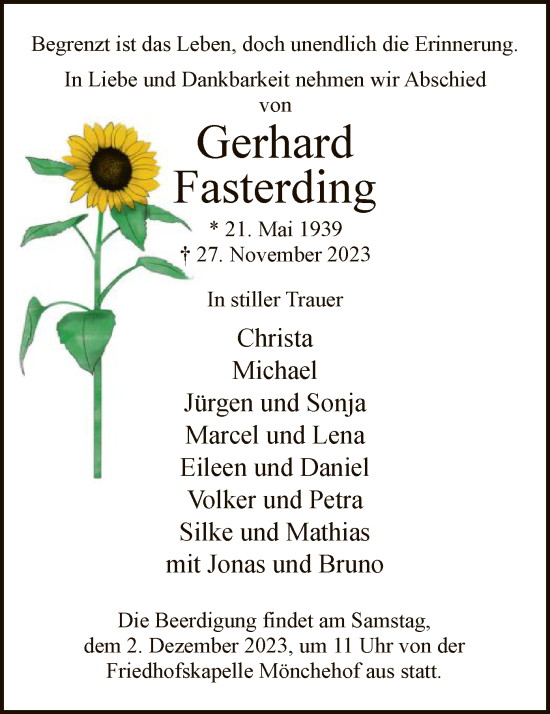 Todesanzeige von Gerhard Fasterding von HNA