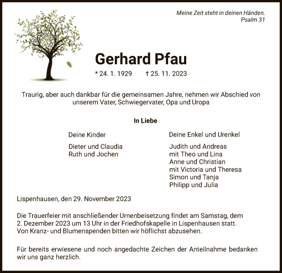 Todesanzeige von Gerhard Pfau von HNA