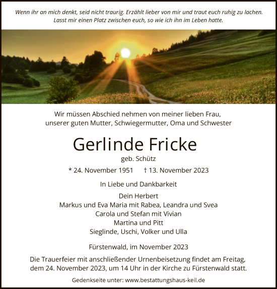 Todesanzeige von Gerlinde Fricke von HNAHNA