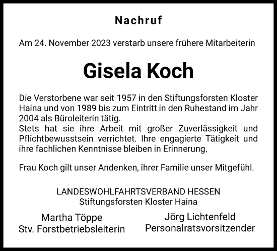 Todesanzeige von Gisela Koch von HNA