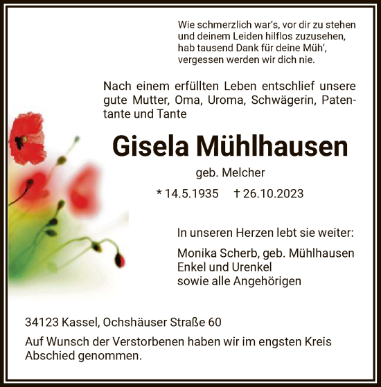 Todesanzeige von Gisela Mühlhausen von HNA