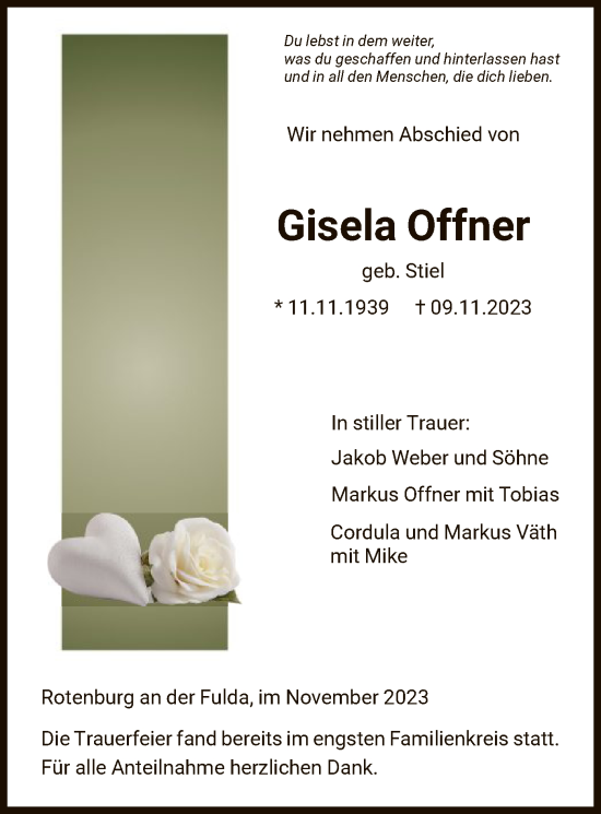 Todesanzeige von Gisela Offner von HNA