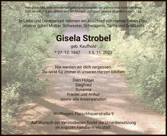 Todesanzeige von Gisela Strobel von HNA