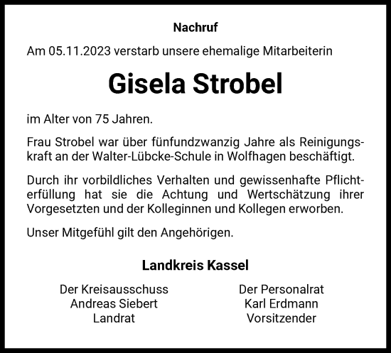 Todesanzeige von Gisela Strobel von HNA