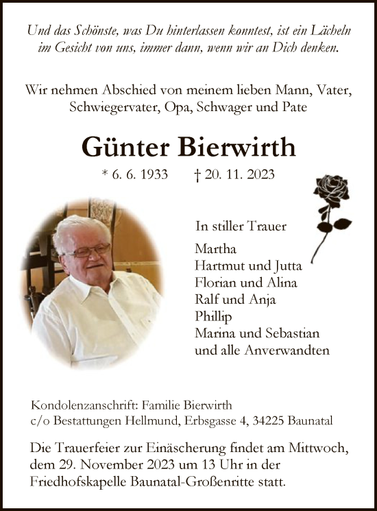 Todesanzeige von Günter Bierwirth von HNA