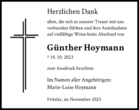 Todesanzeige von Günther Hoymann von HNA