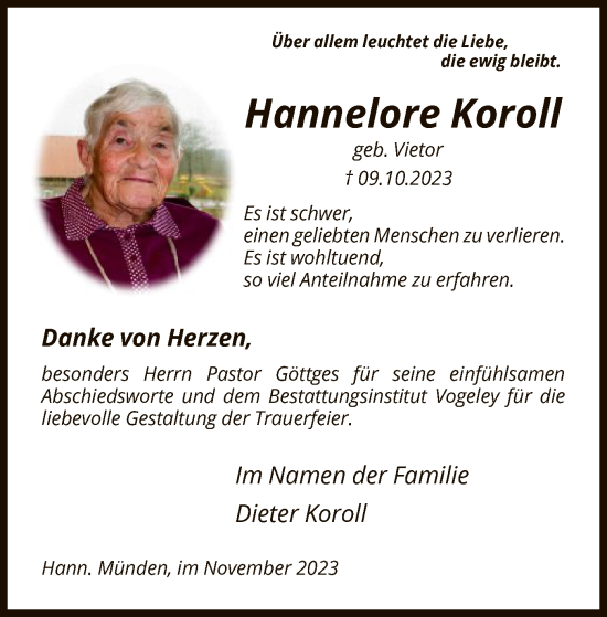 Todesanzeige von Hannelore Koroll von HNA
