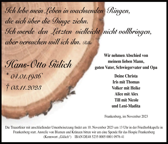 Todesanzeige von Hans-Otto Gülich von HNAWLZ