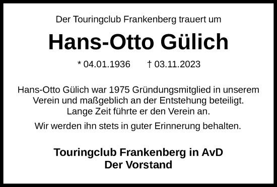 Todesanzeige von Hans-Otto Gülich von HNA