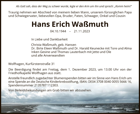 Todesanzeige von Hans Erich Waßmuth von HNA
