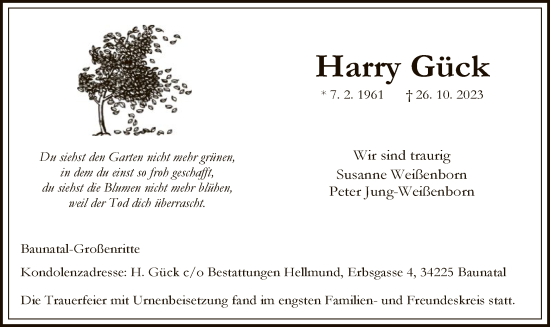 Todesanzeige von Harry Gück von HNA