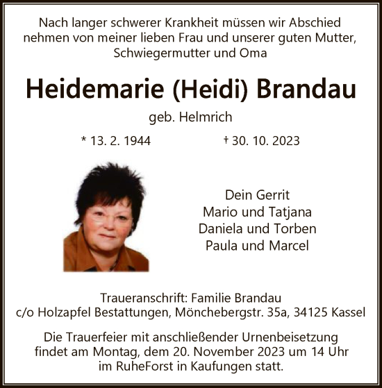 Todesanzeige von Heidemarie Brandau von HNA