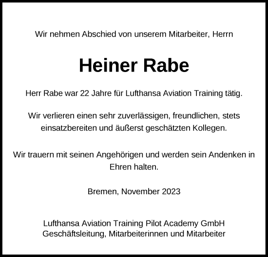 Todesanzeige von Heiner Rabe von HNA