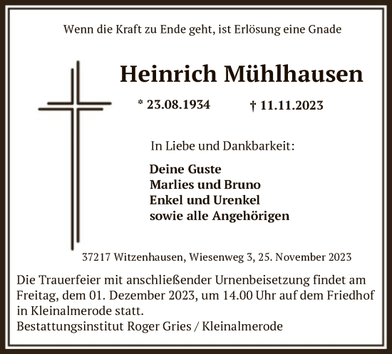 Todesanzeige von Heinrich Mühlhausen von HNA