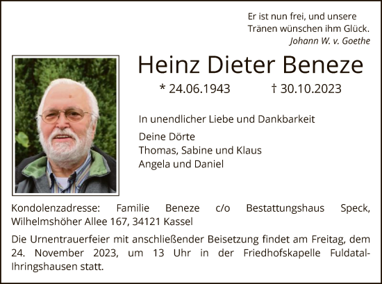 Todesanzeige von Heinz Dieter Beneze von HNA