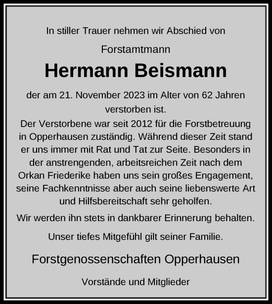Todesanzeige von Hermann Beismann von HNA