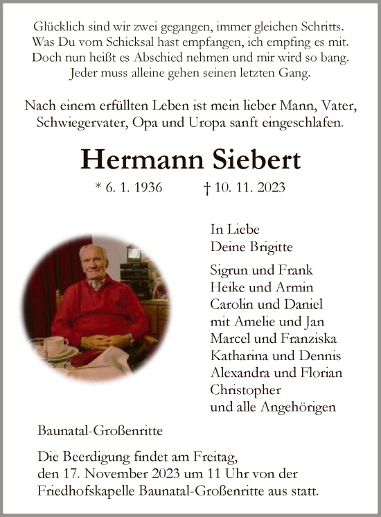 Todesanzeige von Hermann Siebert von HNA