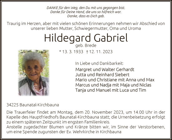 Todesanzeige von Hildegard Gabriel von HNAHNA