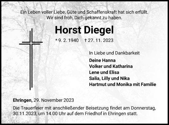 Todesanzeige von Horst Diegel von WLZHNA