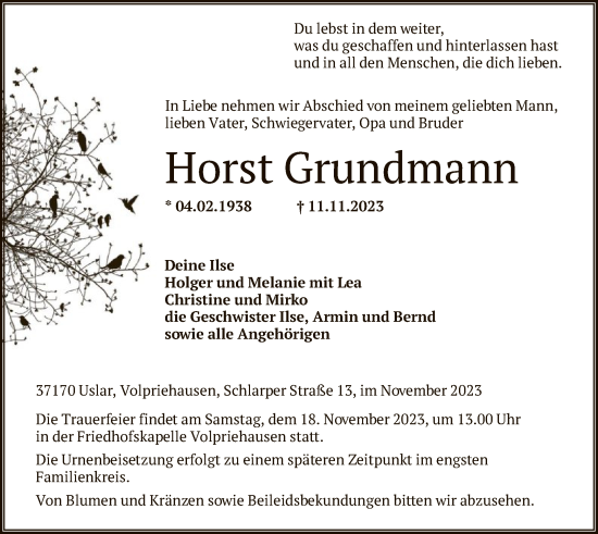 Todesanzeige von Horst Grundmann von HNA