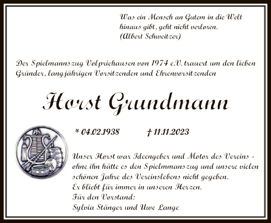 Todesanzeige von Horst Grundmann von HNA