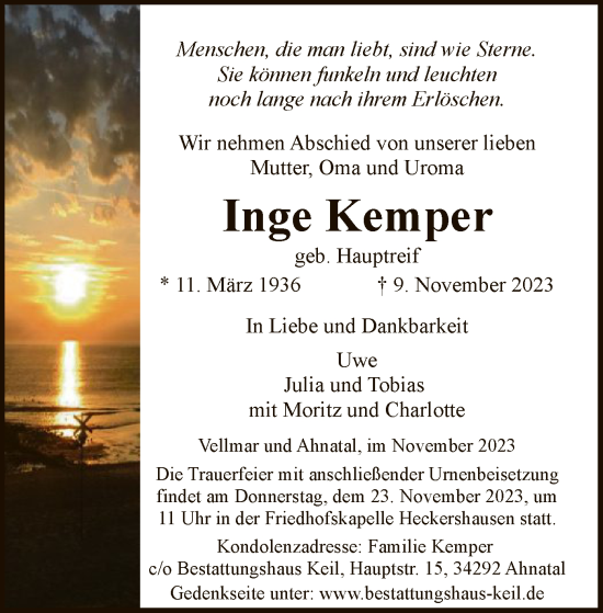 Todesanzeige von Inge Kemper von HNA