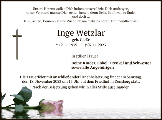 Todesanzeige von Inge Wetzlar von HNA