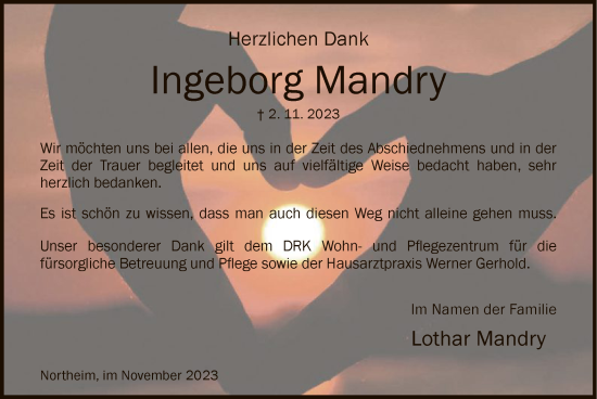 Todesanzeige von Ingeborg Mandry von HNA