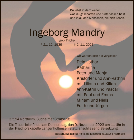 Todesanzeige von Ingeborg Mandry von HNA