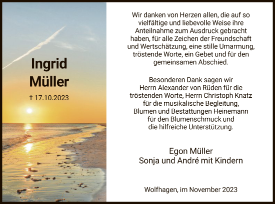 Todesanzeige von Ingrid Müller von HNA