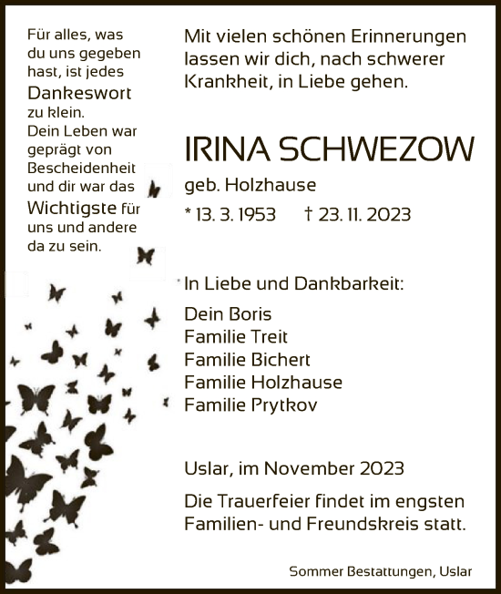 Todesanzeige von Irina Schwezow von HNA