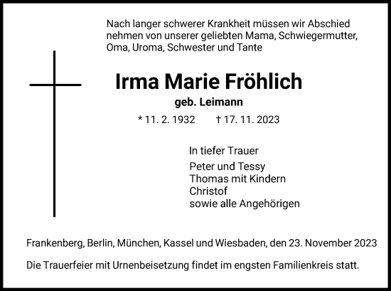 Todesanzeige von Irma Marie Fröhlich von HNA
