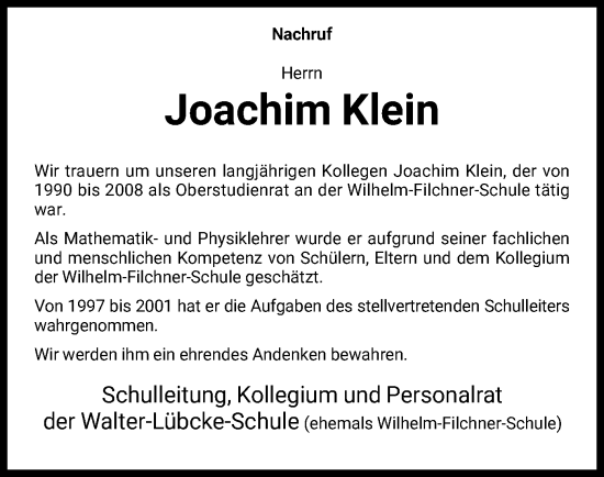 Todesanzeige von Joachim Klein von HNA