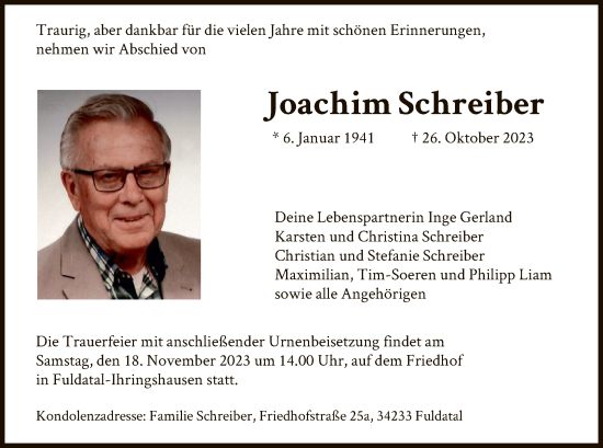 Todesanzeige von Joachim Schreiber von HNA